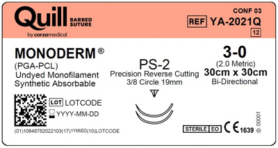 Quill™ Monoderm® Suture Size 3-0 | 30 x 30cm | PS-2 | 3/8 Circle Undyed